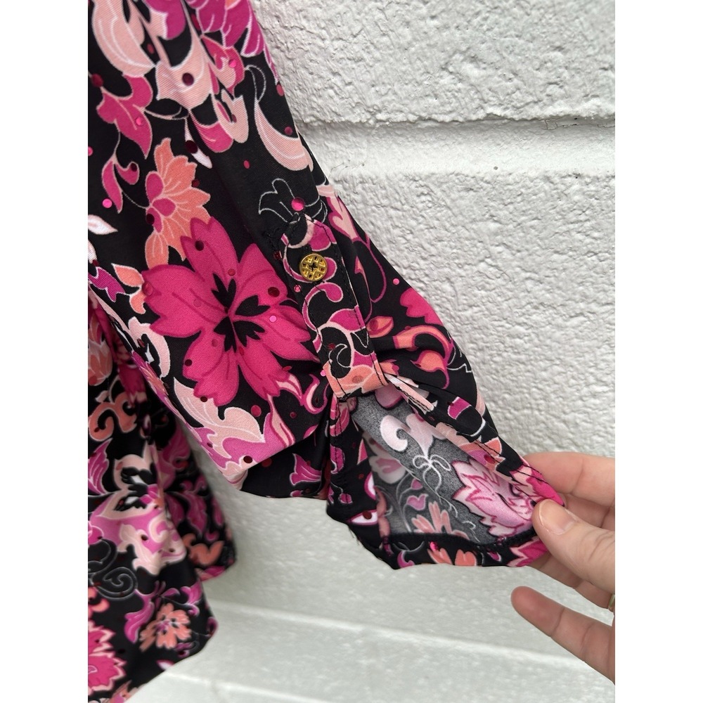 Emily Daniels XL Black Pink Floral Collared Sequin Button-Up 3/4 Sleeve Blouse - Picture 3 of 14